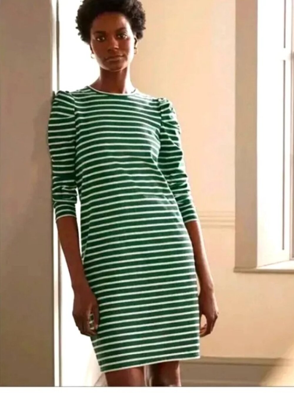 Boden Imogen Green Breton Stripe Puff Sleeve Dress